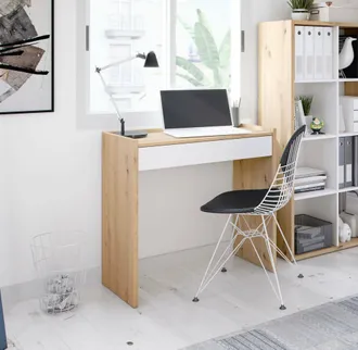 Dmora Escritorio Fresno, Escritorio Lineal Con Caj&oacute;n, Mesa De Estudio U Oficina Para Pc, Cm 82x40h77, Roble Anudado Y Blanco, Con Embalaje Reforzado - Dmora