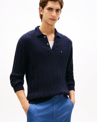 Tommy Hilfiger Mens Classic Cotton Cable Long Sleeve Polo in Navy - Size X-Large