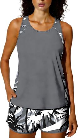 Generic Tankini Sets for Women 2 Piece Swimming Costume Athletic Bathing Suits Hawaiian Tropical Print Modest Swimwear Loose Fit Tank Top with Swim Shorts Pad