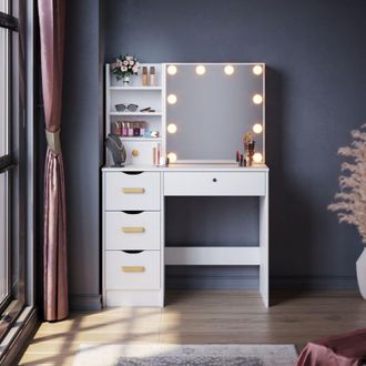 Elegant Lighting Dressing Table, Vanity Makeup Desk Slid Mirror and 5 Drawers 2 Shelves, White Single Table + Mirror Lights
