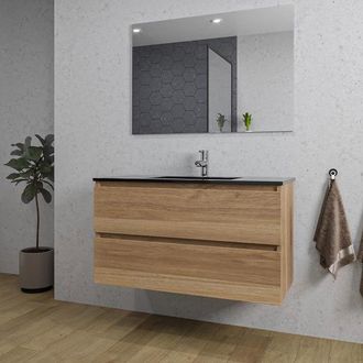 Saniclass Chaci Badkamermeubelset - 100x46x55cm - keramische wastafel zwart - 1 wasbak - 1 kraangat - 2 lades - rechthoekige spiegel - eiken