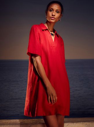 Contemporaine Womens Loose pure linen Johnny-collar dress