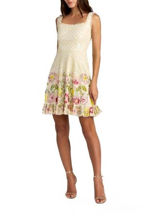 Mac Duggal Beaded Mesh Sleeveless V Neck Ruffle Mini Dress in Nude Multi at Nordstrom, Size 2