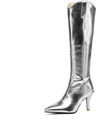 Generic Womens Shiny Metallic Knee-High Boots Pointed Toe Stiletto Heels Comfortable Non-Slip Wear-Resistant for Party Club Evening,Silver,10.5 UK