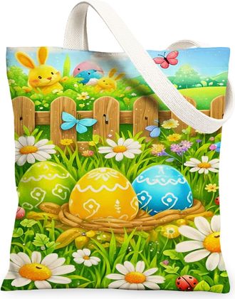 Generic Easter Floral Canvas Tote Bags, Colorful Spring Flowers Pattern Reusable Grocery Bags, Lightweight Washable Shoulder Strap, Colorful, 13x15 Inch