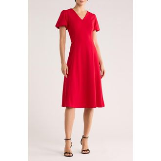 DKNY Puff Sleeve Fit & Flare Midi Dress in City Crimson at Nordstrom Rack, Size 0
