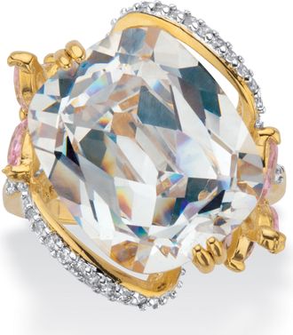 Palm Beach Jewelry 9.80 Cttw. Cushion-Cut White and Pink CZ Gold-Plated Flower Cocktail Ring