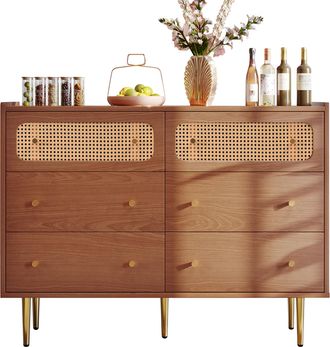 STILVORA C&oacute;moda Con 6 Cajones Y 2 Frentes De Rat&aacute;n, Esquinas Redondeadas, Estilo Vintage, En Madera Y Metal, 120&times;40&times;90 Cm, Nogal