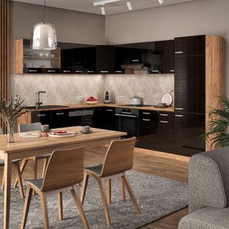 Vicco Cocina Esquinera R-line, Roble Negro/dorado De Alto Brillo, 227 X 287 Cm Sin Encimera