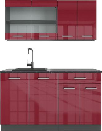 Vicco Cucina completa R-Line, Bordeaux lucido/antracite, 140 cm senza piano di lavoro