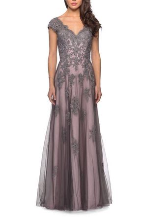 La Femme Tulle Evening Gown with Embroidery and Cap Sleeves in Pink/gray at Nordstrom, Size 20