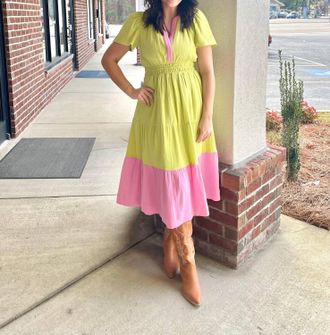 THML Clothing Emery Tiered Midi Dress In Lime Green