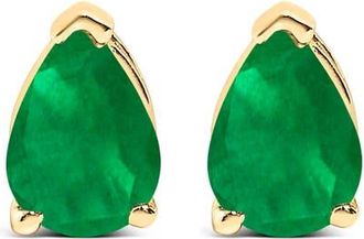 House of Brilliance 14K Gold 6x4MM Pear Shaped Gemstone Solitaire Stud Earrings in Green Emerald | Yellow at Nordstrom