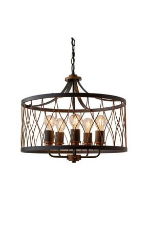 Netlighting Heston 5 Light Cylindrical Ceiling Pendant Matt Black Rustic Bronze Effect E27 in Brown