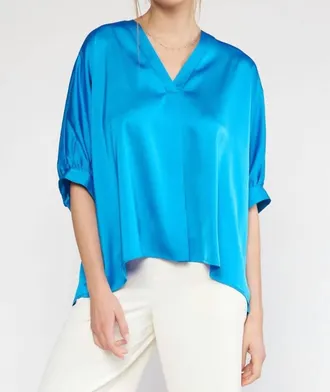 Entro Satin V-Neck Placket Blouse - Plus In French Blue