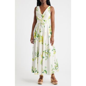 Moon River Pliss&eacute; Tie Front Cotton Maxi Dress in White Multi at Nordstrom, Size X-Large