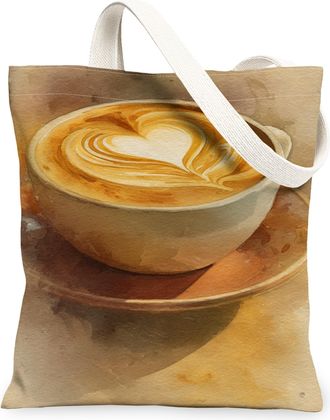 Generic Artistic Coffee Canvas Tote Bags, Vintage Latte Design Reusable Grocery Bags, Lightweight Washable Shoulder Strap Canvas Fo, Beige, 13x15 Inch