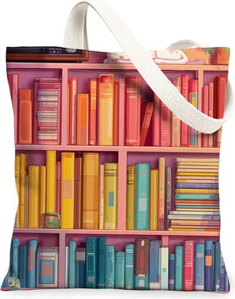 Generic Colorful Bookshelf Canvas Tote Bags, Artistic Library Pattern Reusable Grocery Bags, Summer Vintage Lightweight Washable Sh, Colorful, 13x15 Inch