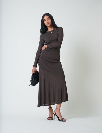 Nobody's Child Brown Long Sleeve Draped Tallulah Midi Dress