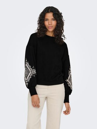 Only Sweatshirt ONLY ONLBROOKE L/S O-NECK FLOWER SWT, Damen, Gr. XS, schwarz print:ethnic power, Sweatware, Obermaterial: 60% Baumwolle, 40% Polyester, reg