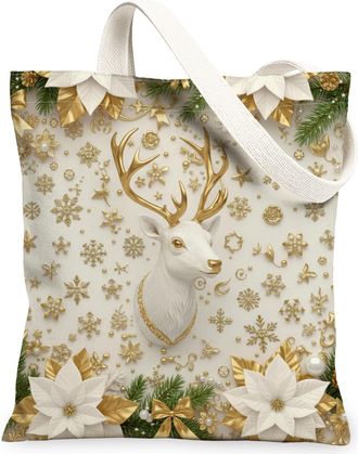Generic Winter Deer Tote Bags, Elegant Reindeer Floral Pattern Reusable Grocery Bags, Vintage Lightweight Washable Canvas for Trave, White, 13x15 Inch
