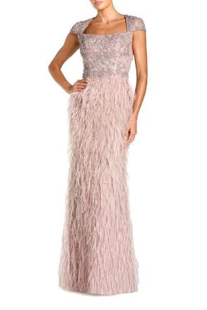 Mac Duggal Embellished Cap Sleeve Feather Gown in Mocha at Nordstrom, Size 16