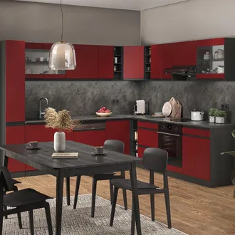 Vicco Cocina Esquinera R-line, Rojo, 257 X 60 Cm En Forma De J, Sin Encimera