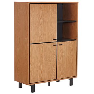 Beliani Aparador De Madera Clara Con Madera De Ingenier&iacute;a Negra Acabado De Roble 3 Gabinetes 2 Estantes Retro Paramount