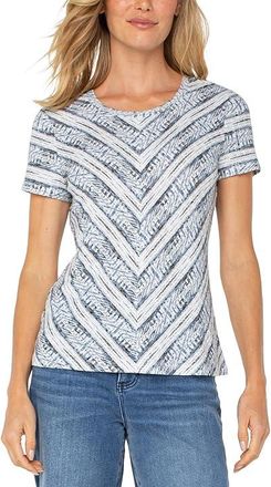 Liverpool L.A. Petite Short Sleeve Scoop Neck Knit Top With Miter Front Womens Clothing Indigo Ikat Stripe : PXL, Polyester/Viscose