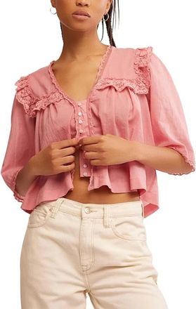 Free People Luna Top Womens Mauve Glow Lace V-Neck Blouse Cropped GBO580