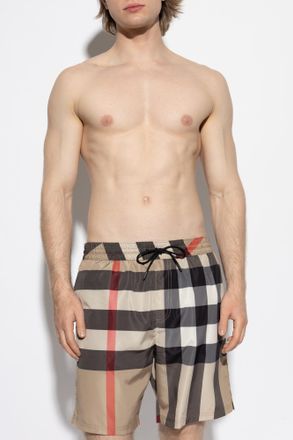 Burberry Checked Pattern Swim Shorts, Mens, Beige