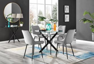 Furniturebox Novara 4 Seater Black Leg Round Glass Dining Table & 4 Pesaro Soft Velvet Black Leg Chairs in Grey