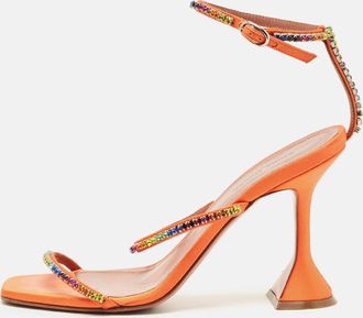 Amina Muaddi Orange Satin Rainbow Crystal Gilda Ankle Strap Sandals