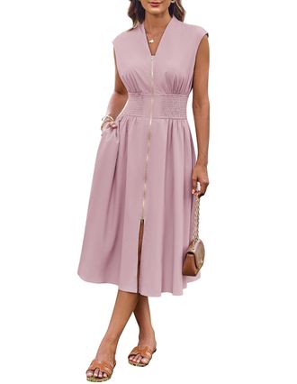 Grace Karin Womens Summer Casual Dress with V-Neck Cap Sleeves and Front Zipper Flowy Midi Dress with Pockets Gray-Pink S
