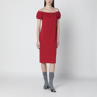 Miu Miu Midi dress with off-the-shoulder design and logo detail