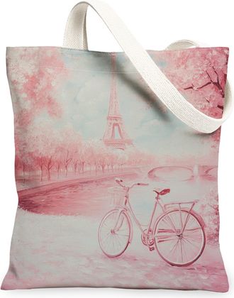 Generic Artistic Canvas Tote Bags, Peach Bike Paris Design Reusable Grocery Bags, Spring Floral Lightweight Washable Shoulder Strap for Travel 13x15 Inch