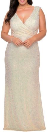 La Femme Long Sequin Plus Size Gown with V-Neck in Champagne at Nordstrom, Size 20W