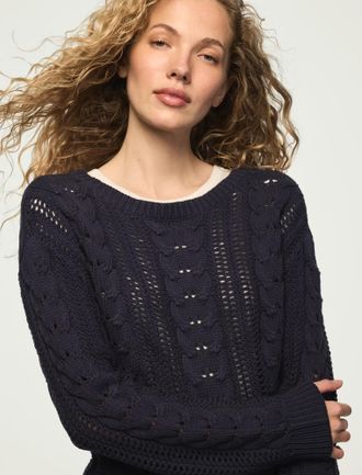 Lucky Brand Womens Open Cable Crew Neck Sweater