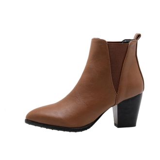 Generic Womens Pointed Toe Block Heel Ankle Boots with Elastic Panels, Fit Chelsea-Style for Daily & Office Wear,Brown,5.5 UK