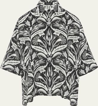 Eskandar Sloped-Shoulder Wide A-Line Short-Sleeve Shirt With Collar (Mid Plus Length)