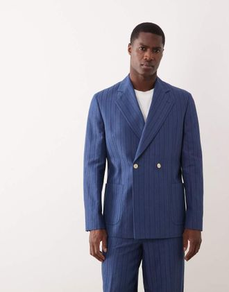 Asos Giacca da abito doppiopetto regular fit in misto lino blu a righe