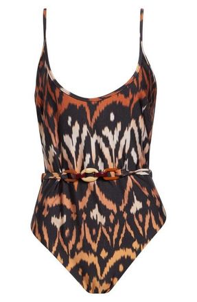 Zimmermann Aster Belted One-Piece Swimsuit in Charcoal Ikat at Nordstrom, Size 0