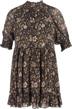 Ulla Johnson Paisley Printed Mock Neck Mini Dress in Brown Silk
