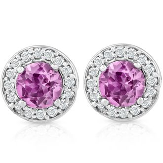 Pompeii3 5/8ct Halo Diamond Pink Sapphire Studs 14K White Gold