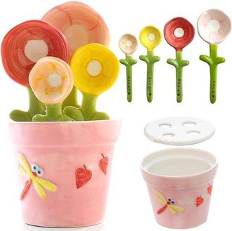 OEM Juego De Cucharas Medidoras Con Forma De Flor En Maceta, Bonitas Tazas Cucharas Medidoras Cer&aacute;mica Soporte Ingredientes Secos H&uacute;medos, Color Rosa