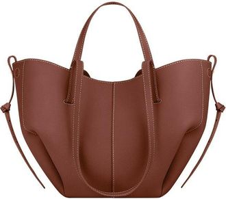 Generic Genuine Leather Womens Tote Bag - Large Capacity Barrel-shaped Commuter Shoulder Bag (Cognac small [with label])