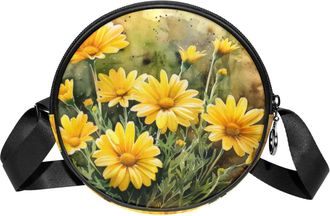 Generic Circle Crossbody Bag for Women, Yellow Daisy Small Sling Bag Daypack with Zipper Adjustable Shoulder Straps Casual Ladies Girls Round Purse