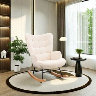 OEM Sill&oacute;n Mecedora Escandinavo De Terciopelo Teddy Beige, Madera Maciza Y Metal - 1 Plaza, 68&times;75&times;92 Cm