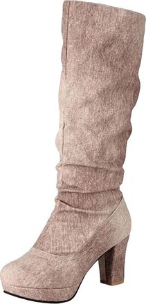 Generic Womens Denim Knee High Boots Block Heel Vintage Jeans Style Riding Booties