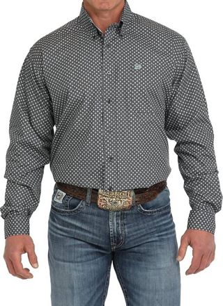 Cinch Mens Geo Print Classic Button Down Woven Shirt In Grey/blue